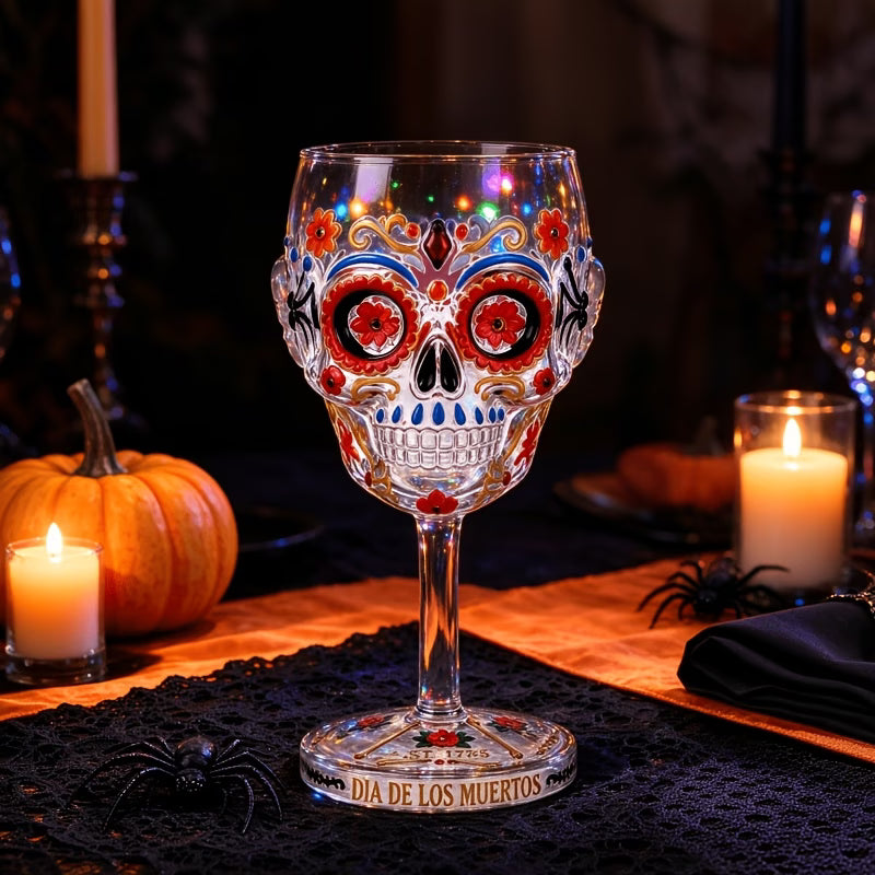 Day of the Dead Collector Goblet – Limited Edition Art Glass, Skull Wine Glass, Handcrafted Day of the Dead Skeleton Floral Goblet, Gothic Skull Wine Chalice for Home Bar & Altar Decor (2PCS)
