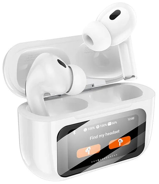 Hectic Display Touch screen Earbuds with ANC Noise cancelation Sweatproof Bluetooth Headset (White, True Wireless)
