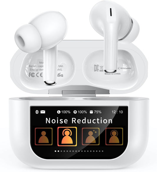 Hectic Display Touch screen Earbuds with ANC Noise cancelation Sweatproof Bluetooth Headset (White, True Wireless)