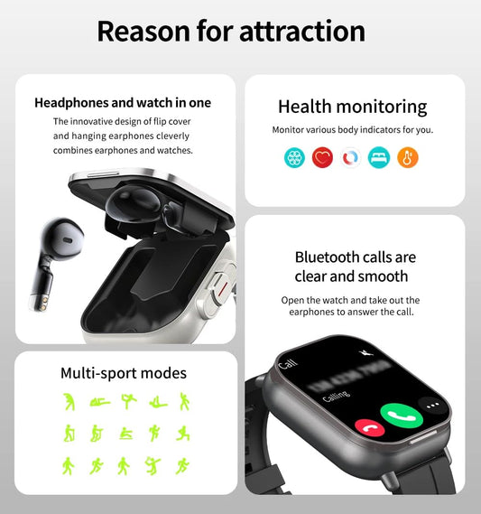 2-in-1 Smartwatch with Built-In TWS Earbuds | Health Monitoring, Sports Tracker, NFC, Bluetooth Calling, Long Battery Life, Full Touch HD Display Smart Fitness Watch