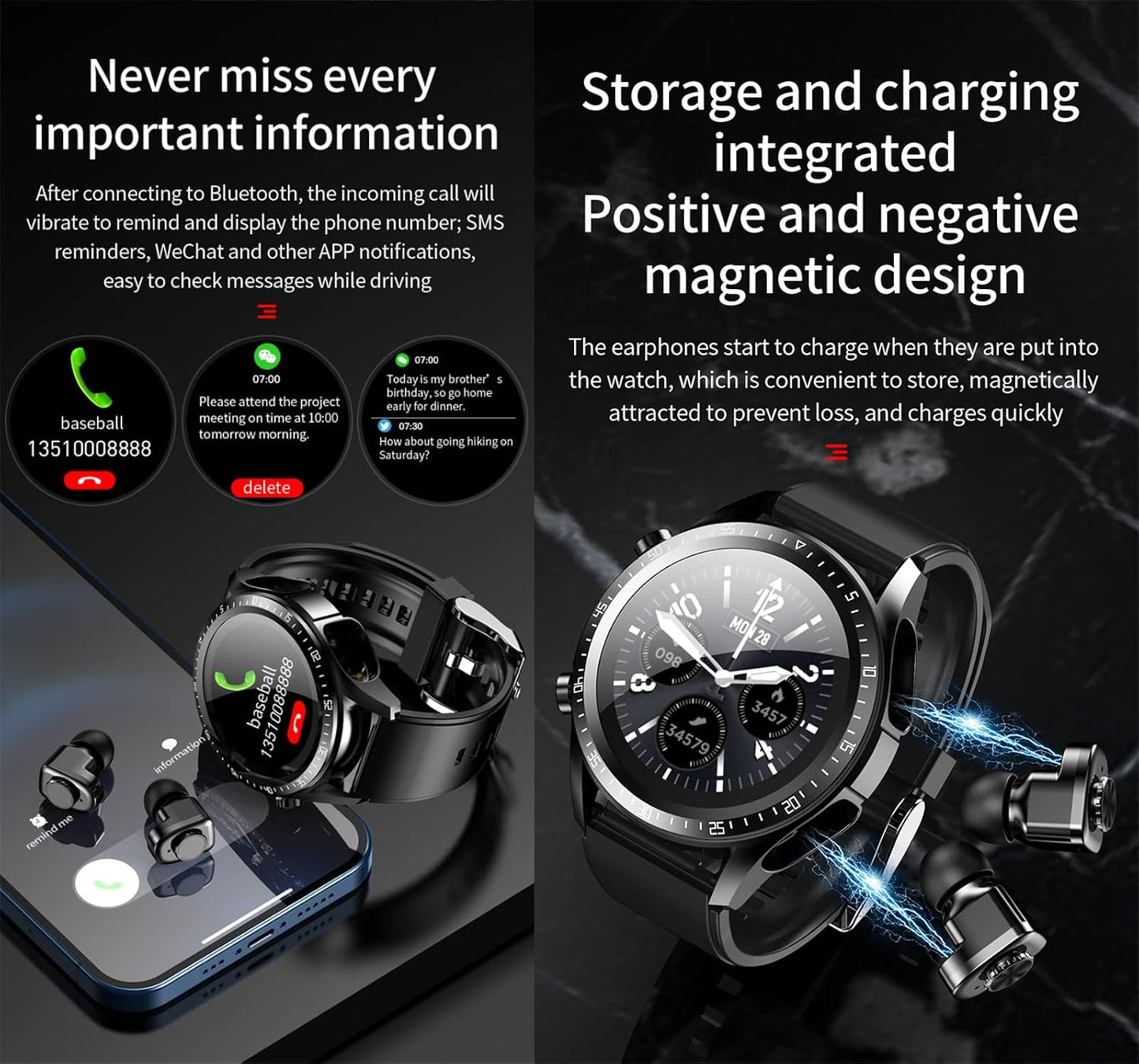 2 in 1 Smart Watch with Earbuds 1.28" Smartwatch TWS HiFi Stereo Wireless Headset Combo Bluetooth Phone Call for Android iOS(Black)