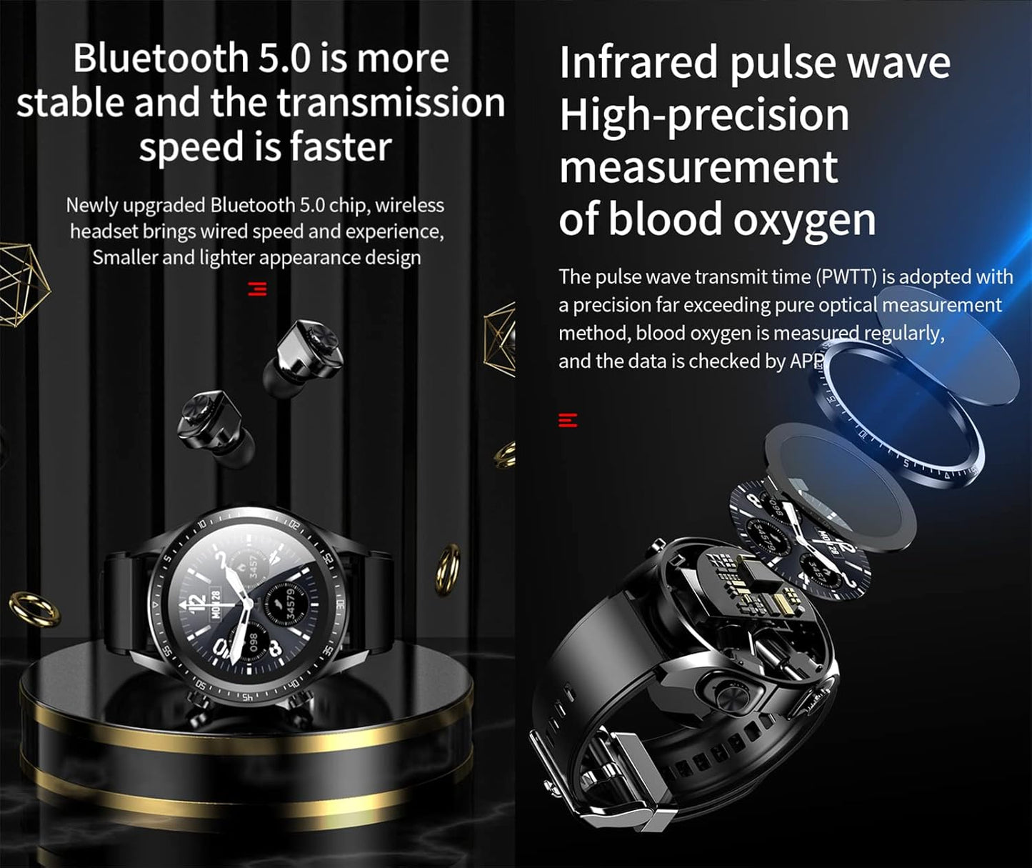 2 in 1 Smart Watch with Earbuds 1.28" Smartwatch TWS HiFi Stereo Wireless Headset Combo Bluetooth Phone Call for Android iOS(Black)