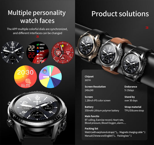 2 in 1 Smart Watch with Earbuds 1.28" Smartwatch TWS HiFi Stereo Wireless Headset Combo Bluetooth Phone Call for Android iOS(Black)