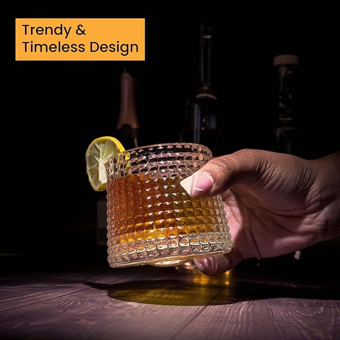 Whiskey Glass Set of 6 Pcs with Rotable Bottom Spinning Glasses 170 ml Crystal Glass Bar Glass for Drinking Bourbon, Whisky, Scotch, Cocktails, Cognac(Diamond)