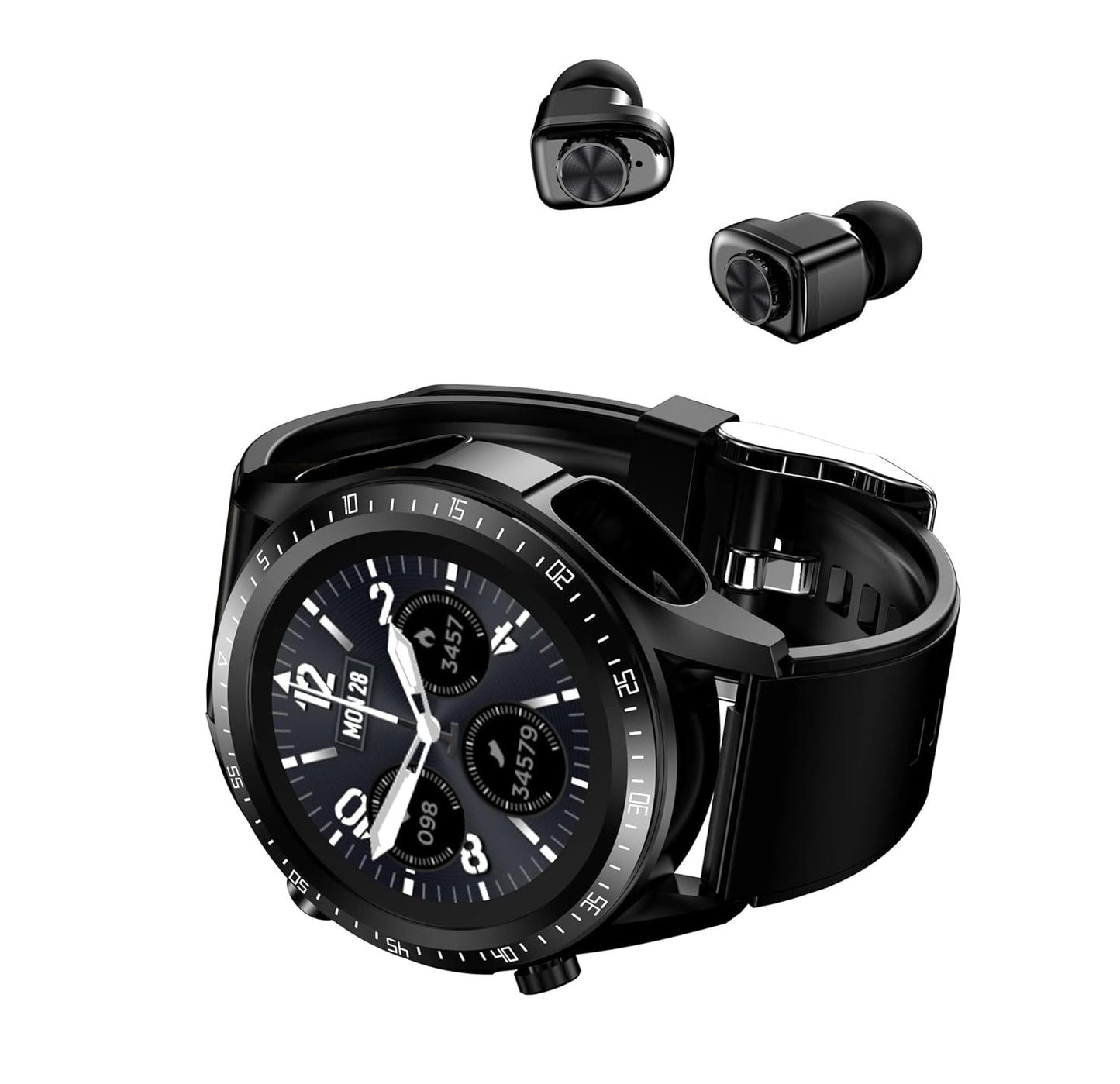 2 in 1 Smart Watch with Earbuds 1.28" Smartwatch TWS HiFi Stereo Wireless Headset Combo Bluetooth Phone Call for Android iOS(Black)