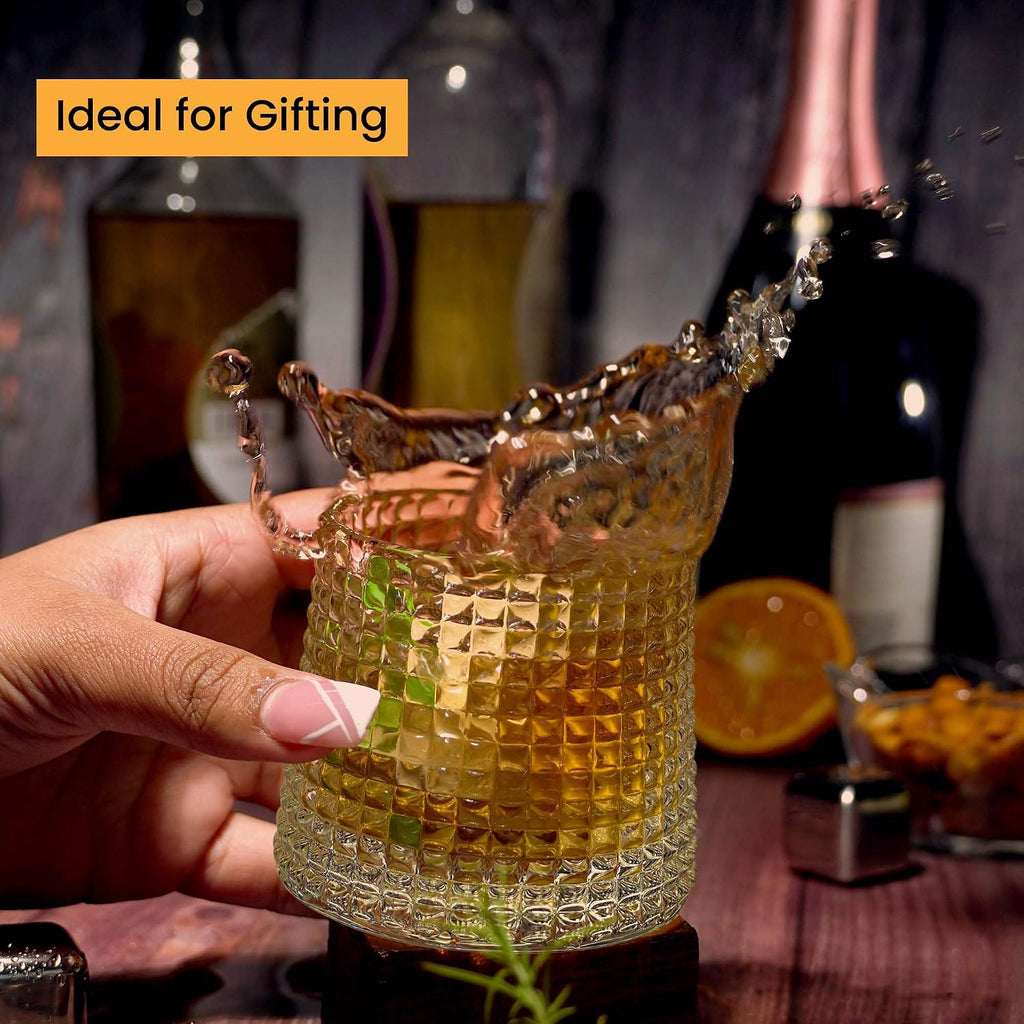 Whiskey Glass Set of 6 Pcs with Rotable Bottom Spinning Glasses 170 ml Crystal Glass Bar Glass for Drinking Bourbon, Whisky, Scotch, Cocktails, Cognac(Diamond)