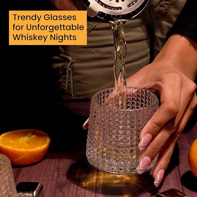 Whiskey Glass Set of 6 Pcs with Rotable Bottom Spinning Glasses 170 ml Crystal Glass Bar Glass for Drinking Bourbon, Whisky, Scotch, Cocktails, Cognac(Diamond)