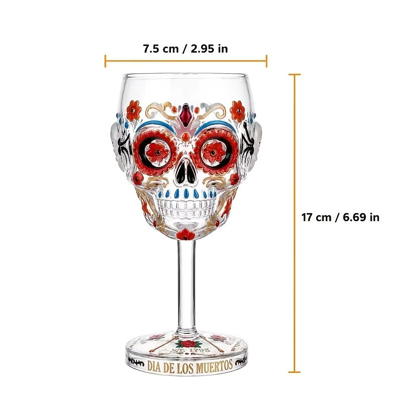 Day of the Dead Collector Goblet – Limited Edition Art Glass, Skull Wine Glass, Handcrafted Day of the Dead Skeleton Floral Goblet, Gothic Skull Wine Chalice for Home Bar & Altar Decor (2PCS)