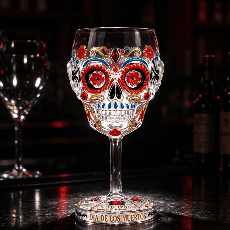 Day of the Dead Collector Goblet – Limited Edition Art Glass, Skull Wine Glass, Handcrafted Day of the Dead Skeleton Floral Goblet, Gothic Skull Wine Chalice for Home Bar & Altar Decor (2PCS)