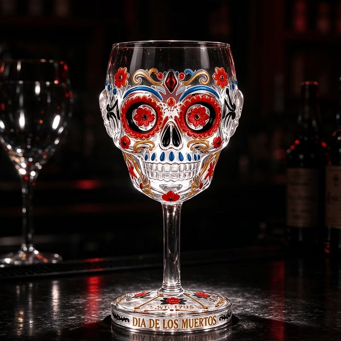 Day of the Dead Collector Goblet – Limited Edition Art Glass, Skull Wine Glass, Handcrafted Day of the Dead Skeleton Floral Goblet, Gothic Skull Wine Chalice for Home Bar & Altar Decor (2PCS)