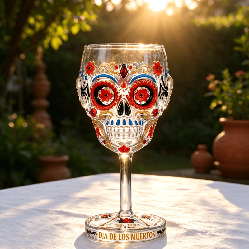 Day of the Dead Collector Goblet – Limited Edition Art Glass, Skull Wine Glass, Handcrafted Day of the Dead Skeleton Floral Goblet, Gothic Skull Wine Chalice for Home Bar & Altar Decor (2PCS)